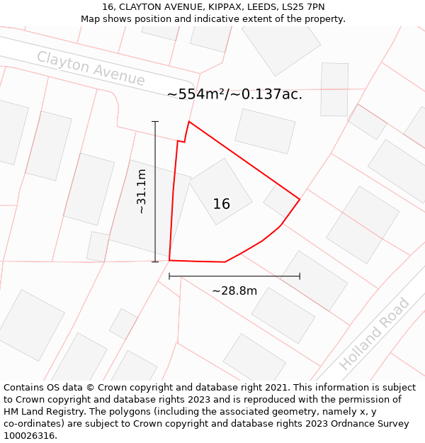 16, CLAYTON AVENUE, KIPPAX, LEEDS, LS25 7PN: Plot and title map