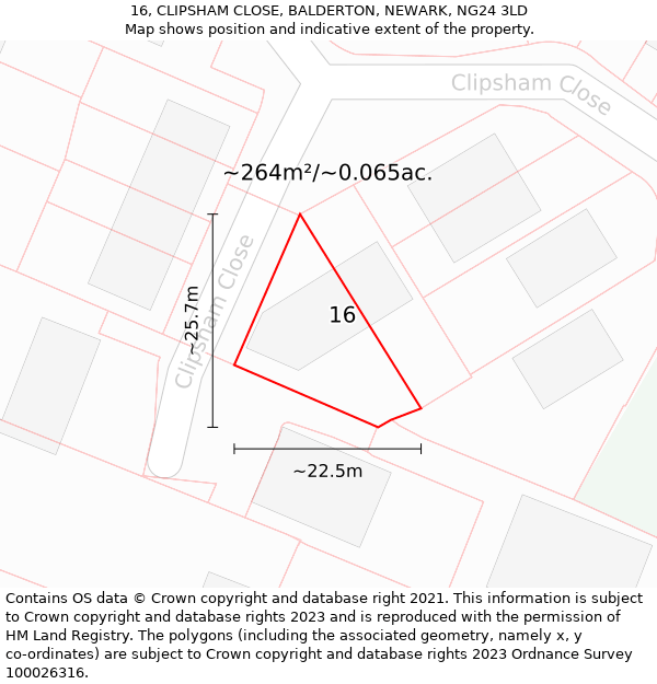 16, CLIPSHAM CLOSE, BALDERTON, NEWARK, NG24 3LD: Plot and title map