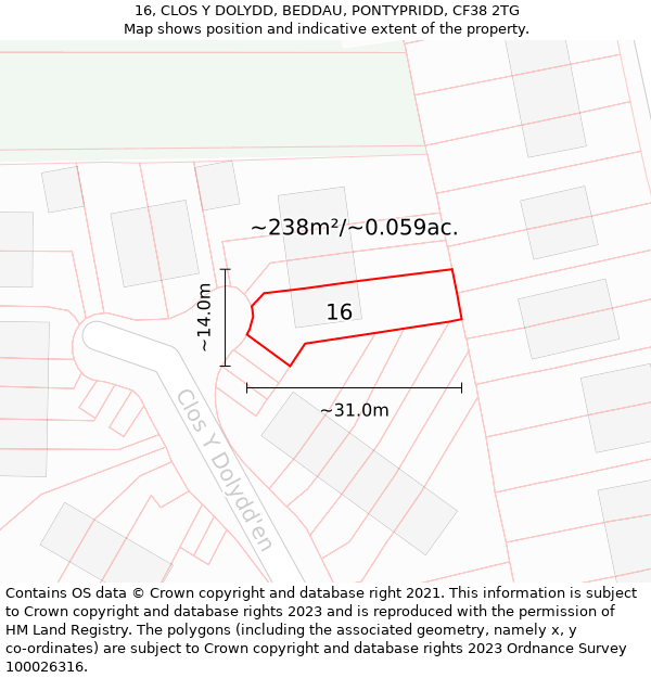 16, CLOS Y DOLYDD, BEDDAU, PONTYPRIDD, CF38 2TG: Plot and title map