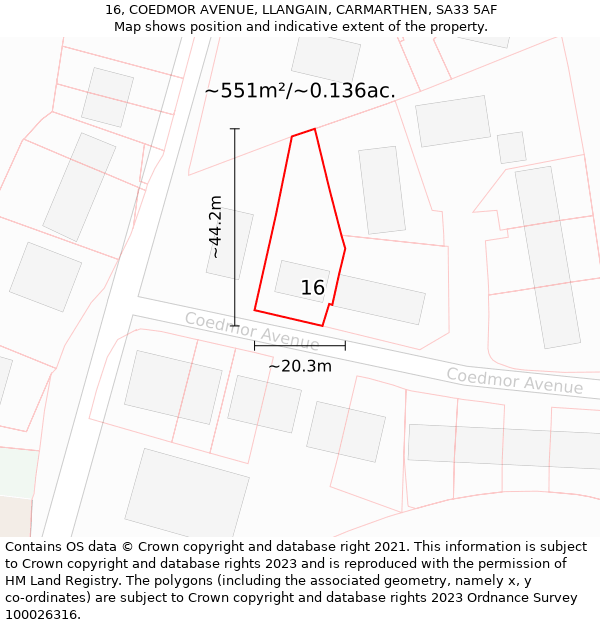 16, COEDMOR AVENUE, LLANGAIN, CARMARTHEN, SA33 5AF: Plot and title map