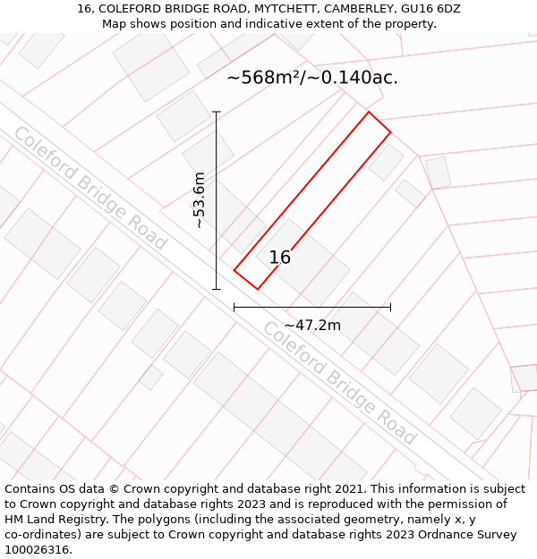 16, COLEFORD BRIDGE ROAD, MYTCHETT, CAMBERLEY, GU16 6DZ: Plot and title map