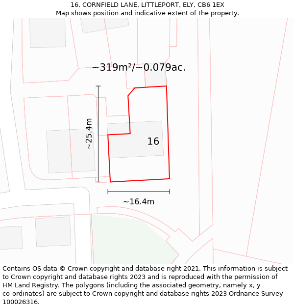 16, CORNFIELD LANE, LITTLEPORT, ELY, CB6 1EX: Plot and title map