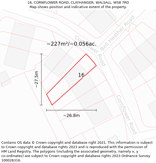 16, CORNFLOWER ROAD, CLAYHANGER, WALSALL, WS8 7RD: Plot and title map