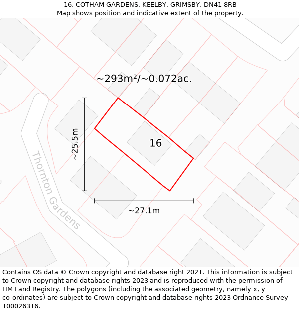 16, COTHAM GARDENS, KEELBY, GRIMSBY, DN41 8RB: Plot and title map