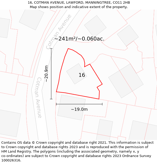 16, COTMAN AVENUE, LAWFORD, MANNINGTREE, CO11 2HB: Plot and title map