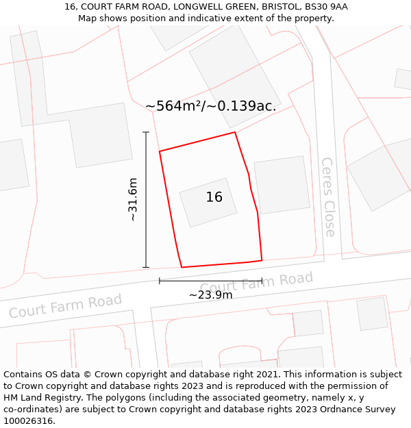 16, COURT FARM ROAD, LONGWELL GREEN, BRISTOL, BS30 9AA: Plot and title map