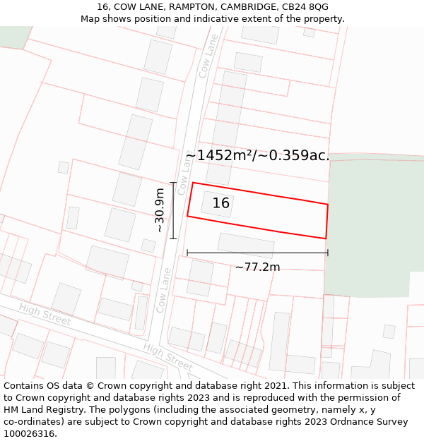 16, COW LANE, RAMPTON, CAMBRIDGE, CB24 8QG: Plot and title map