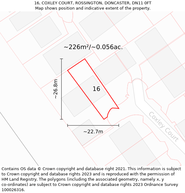 16, COXLEY COURT, ROSSINGTON, DONCASTER, DN11 0FT: Plot and title map