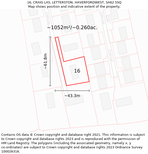 16, CRAIG LAS, LETTERSTON, HAVERFORDWEST, SA62 5SQ: Plot and title map