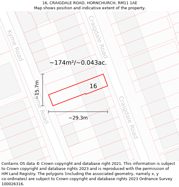 16, CRAIGDALE ROAD, HORNCHURCH, RM11 1AE: Plot and title map