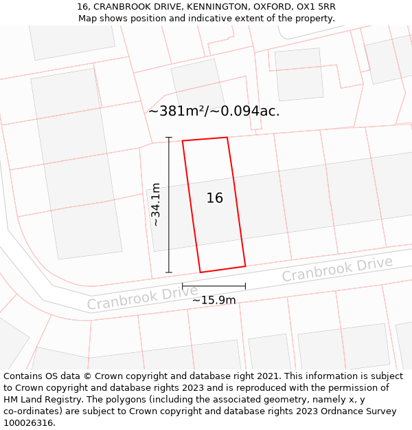 16, CRANBROOK DRIVE, KENNINGTON, OXFORD, OX1 5RR: Plot and title map