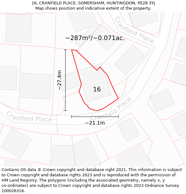 16, CRANFIELD PLACE, SOMERSHAM, HUNTINGDON, PE28 3YJ: Plot and title map