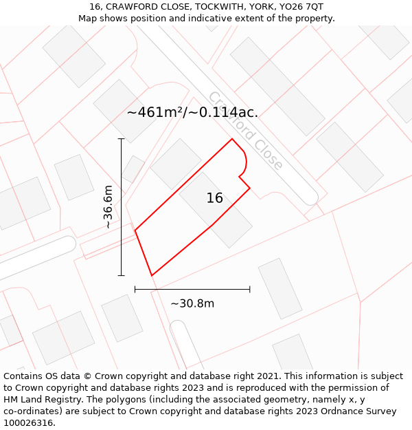 16, CRAWFORD CLOSE, TOCKWITH, YORK, YO26 7QT: Plot and title map