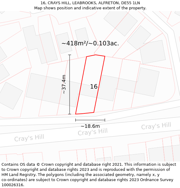 16, CRAYS HILL, LEABROOKS, ALFRETON, DE55 1LN: Plot and title map