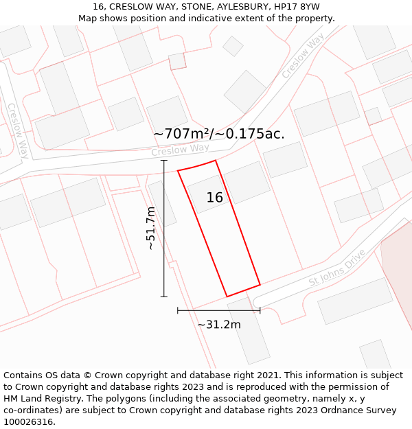 16, CRESLOW WAY, STONE, AYLESBURY, HP17 8YW: Plot and title map