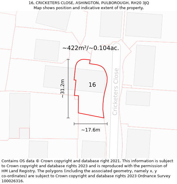 16, CRICKETERS CLOSE, ASHINGTON, PULBOROUGH, RH20 3JQ: Plot and title map