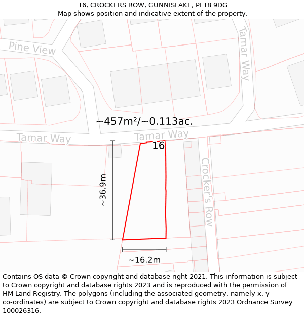 16, CROCKERS ROW, GUNNISLAKE, PL18 9DG: Plot and title map