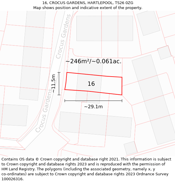 16, CROCUS GARDENS, HARTLEPOOL, TS26 0ZG: Plot and title map