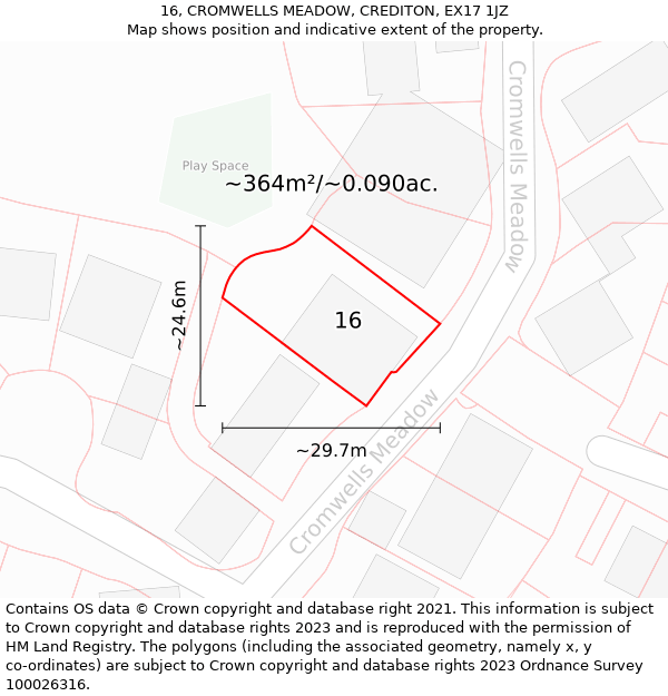 16, CROMWELLS MEADOW, CREDITON, EX17 1JZ: Plot and title map