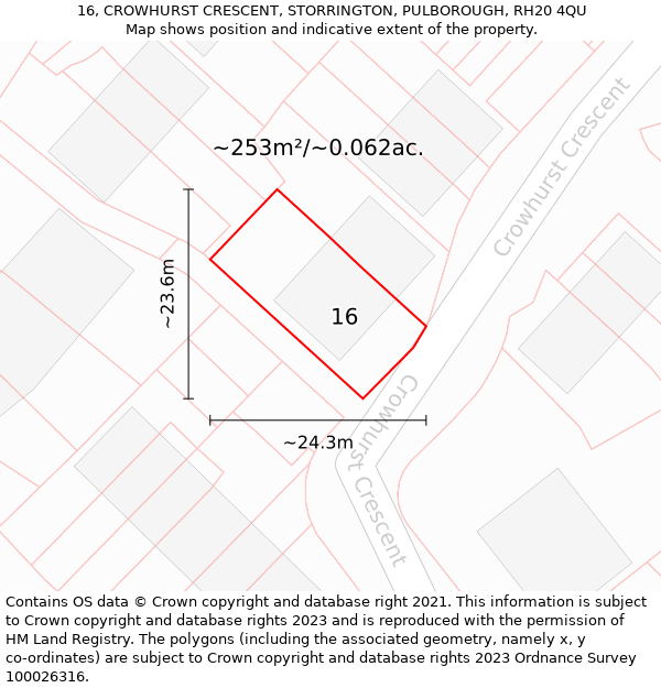 16, CROWHURST CRESCENT, STORRINGTON, PULBOROUGH, RH20 4QU: Plot and title map