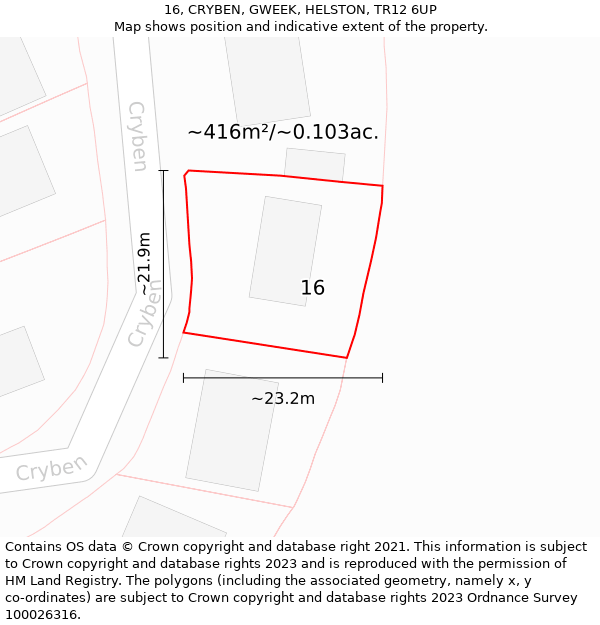 16, CRYBEN, GWEEK, HELSTON, TR12 6UP: Plot and title map