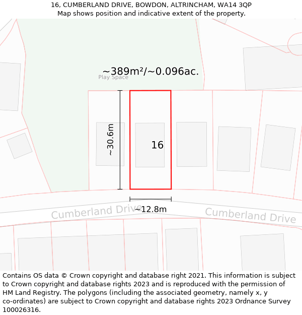 16, CUMBERLAND DRIVE, BOWDON, ALTRINCHAM, WA14 3QP: Plot and title map