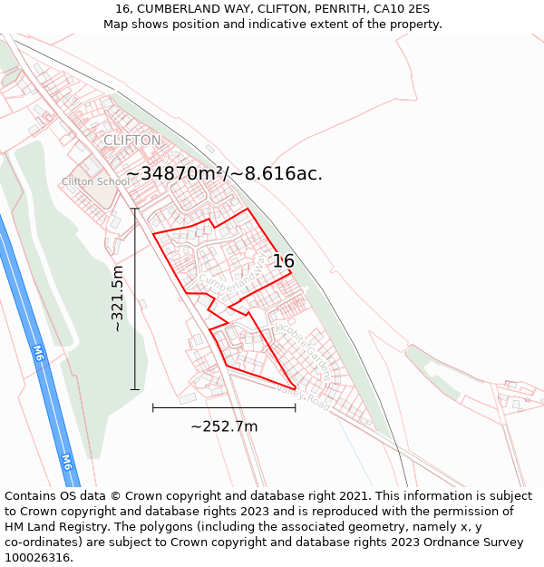 16, CUMBERLAND WAY, CLIFTON, PENRITH, CA10 2ES: Plot and title map