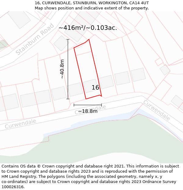 16, CURWENDALE, STAINBURN, WORKINGTON, CA14 4UT: Plot and title map