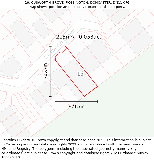 16, CUSWORTH GROVE, ROSSINGTON, DONCASTER, DN11 0FG: Plot and title map