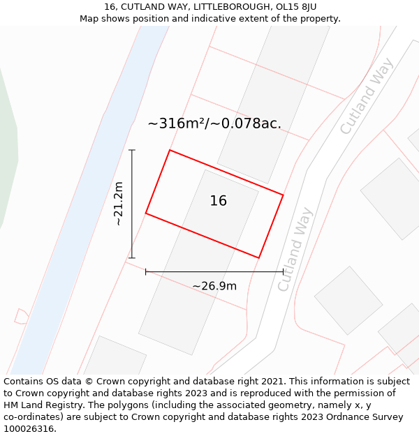 16, CUTLAND WAY, LITTLEBOROUGH, OL15 8JU: Plot and title map