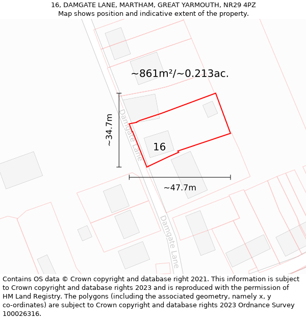 16, DAMGATE LANE, MARTHAM, GREAT YARMOUTH, NR29 4PZ: Plot and title map