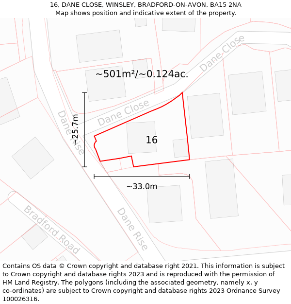 16, DANE CLOSE, WINSLEY, BRADFORD-ON-AVON, BA15 2NA: Plot and title map