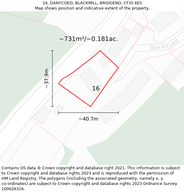 16, DANYCOED, BLACKMILL, BRIDGEND, CF35 6ES: Plot and title map