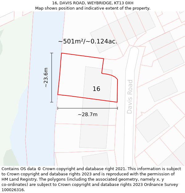 16, DAVIS ROAD, WEYBRIDGE, KT13 0XH: Plot and title map