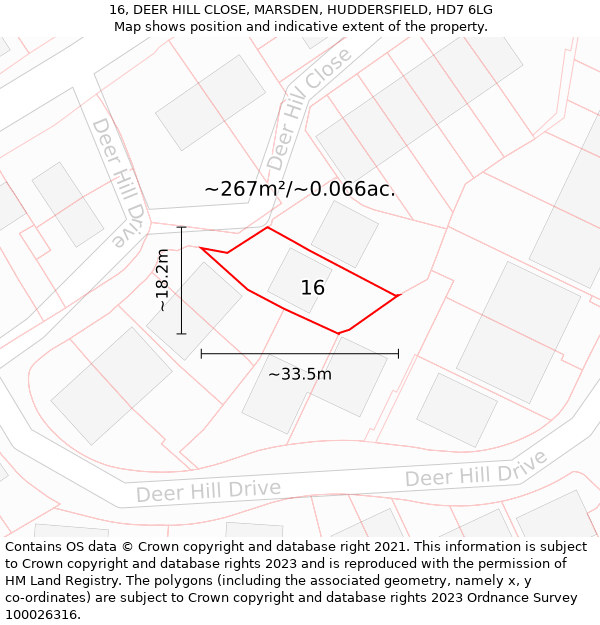 16, DEER HILL CLOSE, MARSDEN, HUDDERSFIELD, HD7 6LG: Plot and title map