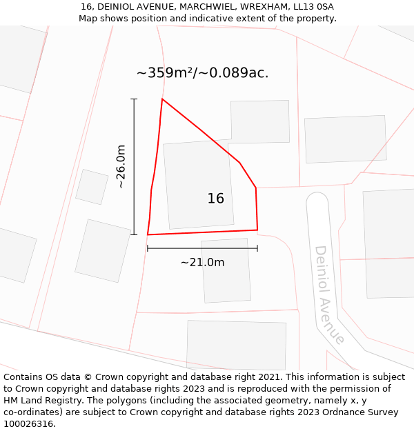 16, DEINIOL AVENUE, MARCHWIEL, WREXHAM, LL13 0SA: Plot and title map