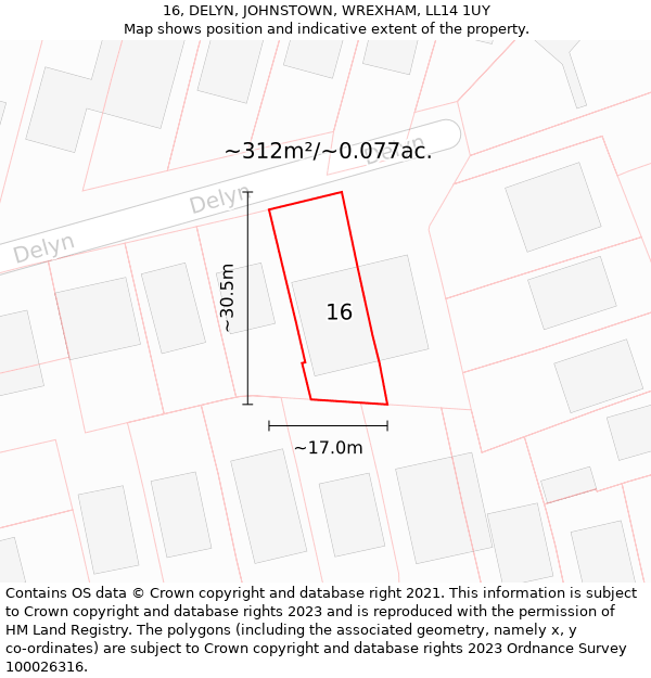 16, DELYN, JOHNSTOWN, WREXHAM, LL14 1UY: Plot and title map