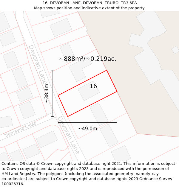 16, DEVORAN LANE, DEVORAN, TRURO, TR3 6PA: Plot and title map