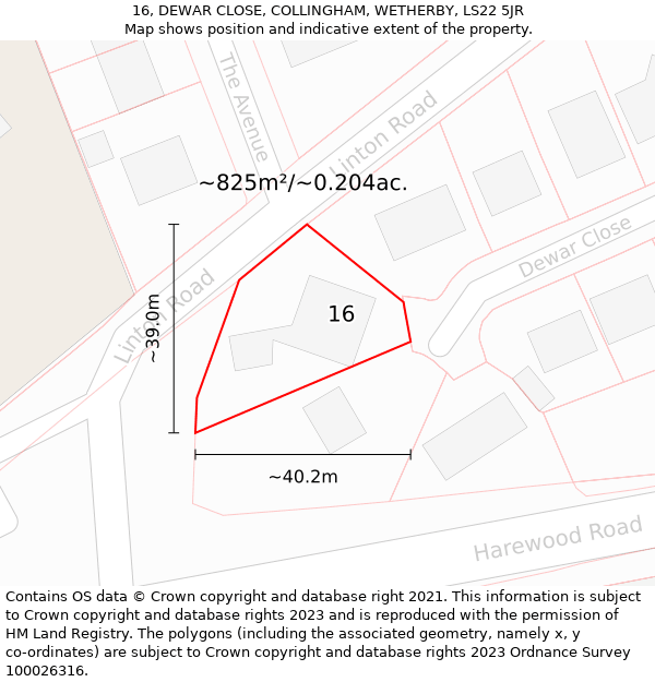 16, DEWAR CLOSE, COLLINGHAM, WETHERBY, LS22 5JR: Plot and title map