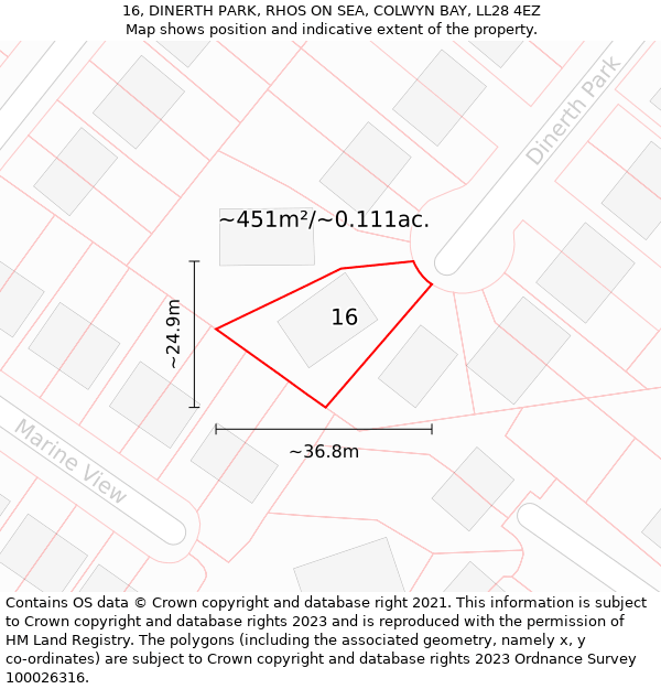 16, DINERTH PARK, RHOS ON SEA, COLWYN BAY, LL28 4EZ: Plot and title map