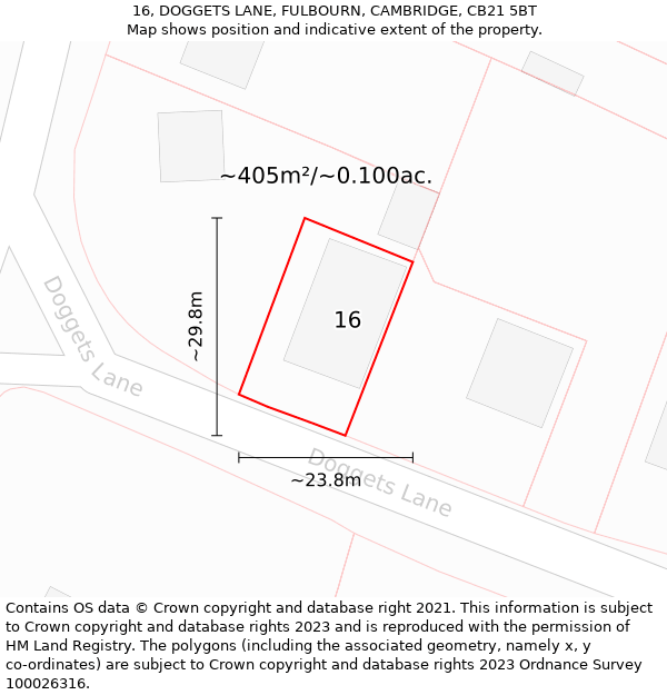 16, DOGGETS LANE, FULBOURN, CAMBRIDGE, CB21 5BT: Plot and title map