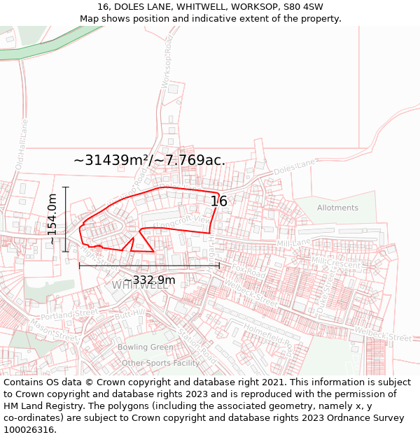 16, DOLES LANE, WHITWELL, WORKSOP, S80 4SW: Plot and title map