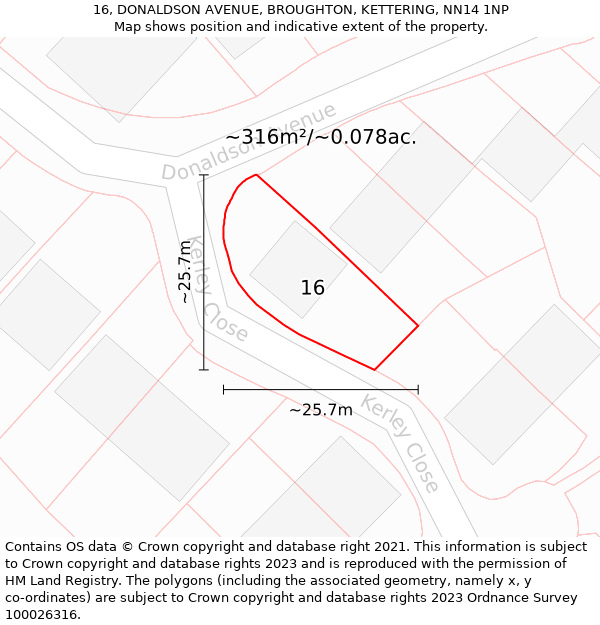 16, DONALDSON AVENUE, BROUGHTON, KETTERING, NN14 1NP: Plot and title map