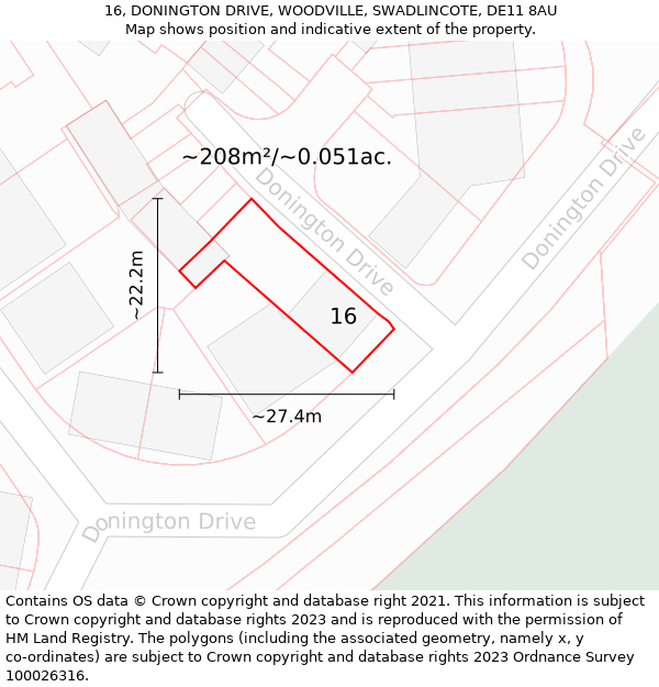 16, DONINGTON DRIVE, WOODVILLE, SWADLINCOTE, DE11 8AU: Plot and title map