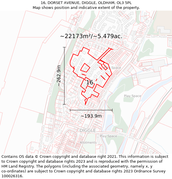 16, DORSET AVENUE, DIGGLE, OLDHAM, OL3 5PL: Plot and title map