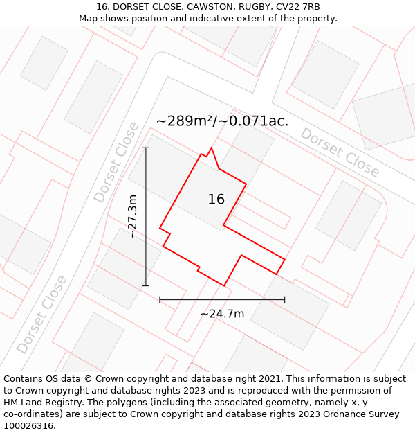 16, DORSET CLOSE, CAWSTON, RUGBY, CV22 7RB: Plot and title map
