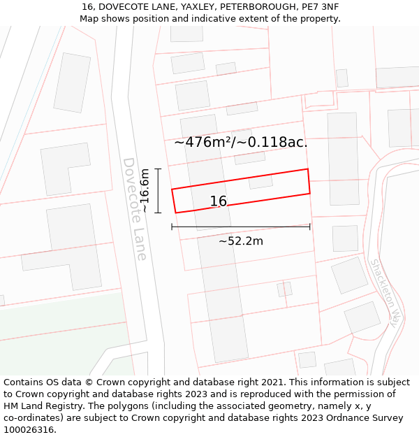 16, DOVECOTE LANE, YAXLEY, PETERBOROUGH, PE7 3NF: Plot and title map