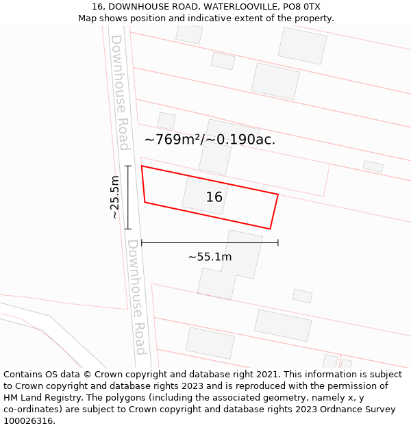 16, DOWNHOUSE ROAD, WATERLOOVILLE, PO8 0TX: Plot and title map