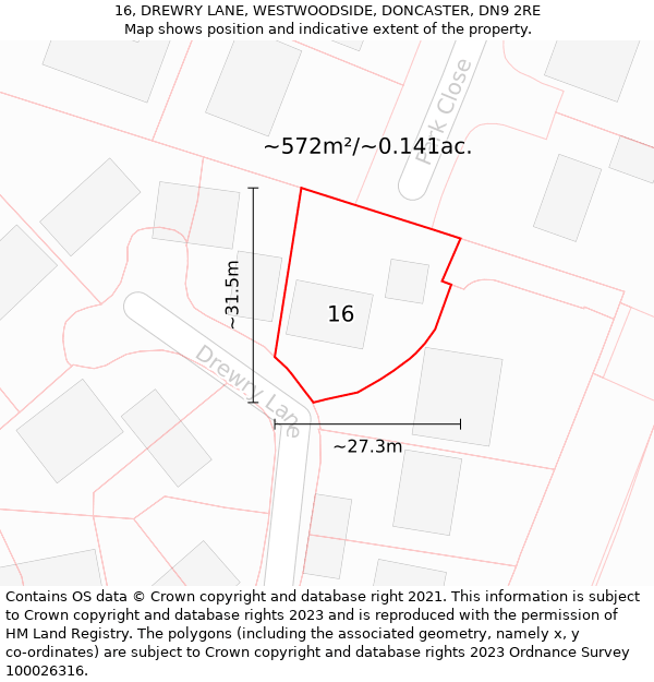 16, DREWRY LANE, WESTWOODSIDE, DONCASTER, DN9 2RE: Plot and title map