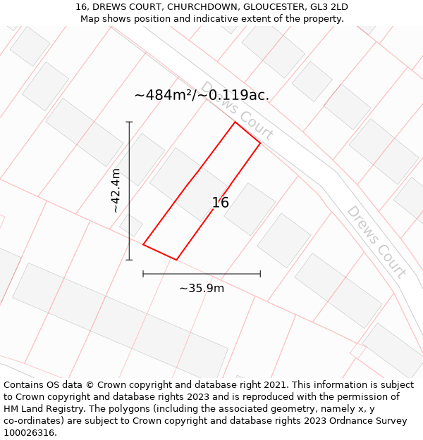 16, DREWS COURT, CHURCHDOWN, GLOUCESTER, GL3 2LD: Plot and title map